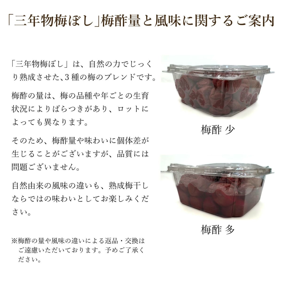三年物梅ぼし梅酢量と風味に関するご案内