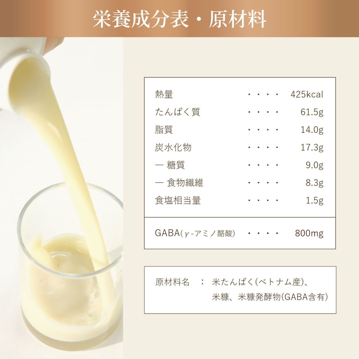 熱量425kcal、たんぱく質61.5g、脂質14.0g、炭水化物17.3g、糖質9.0g、食物繊維8.3g、食塩相当量1.5g、GABA(γ-アミノ酪酸)800mg、原材料	：米たんぱく(ベトナム産)、米糠、米糠発酵物(GABA含有)
